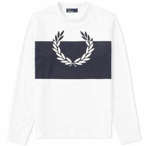 Fred Perry Men's Large Long Sleeve Laurel Wreath T-Shirt, Snow White/Navy